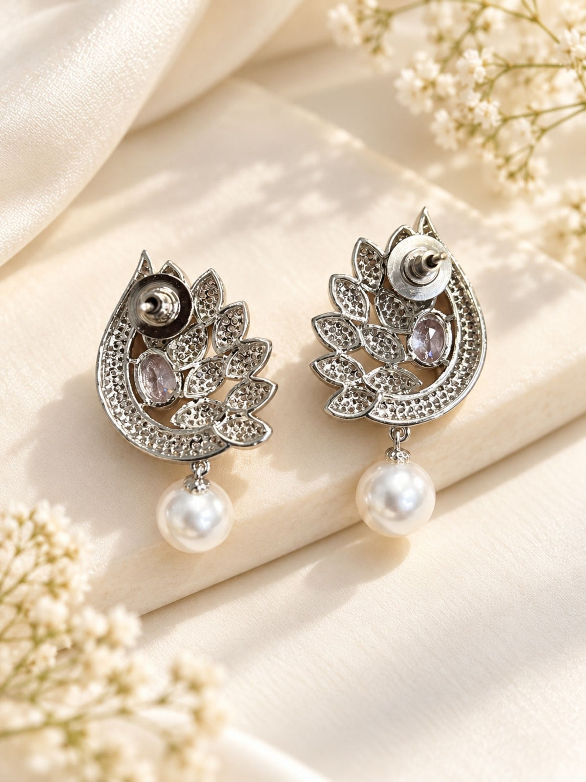 AD Stone Leaf Pearl Drop Statement Earrings Silver Plated | Abdesigns