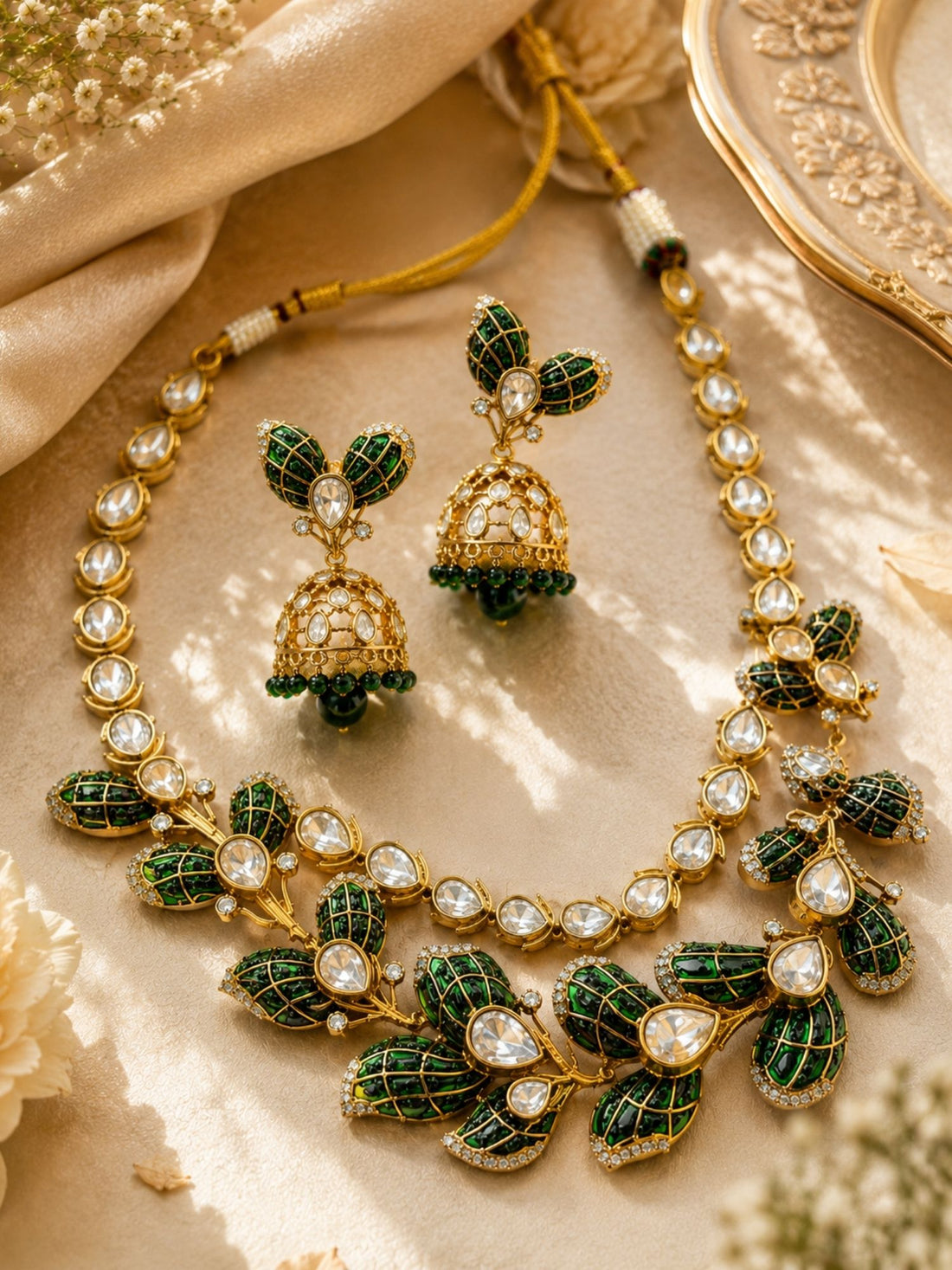 Green Leaf Necklace Set in Gold Plating – Bridal | Abdesigns