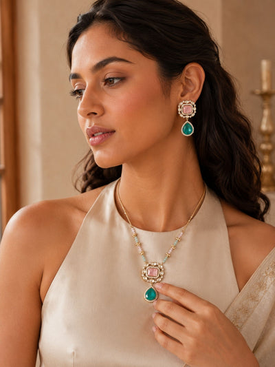 Abdesigns Gold Plating Festive Pink Stone Pendant Set