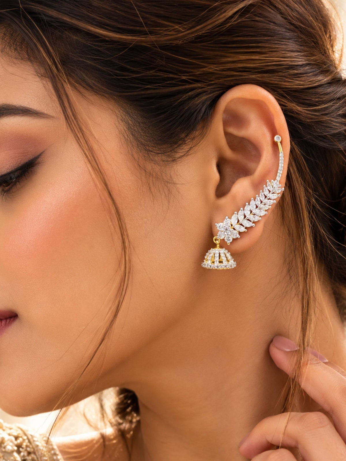 AD Stone Leaf Jhumka Ear Cuff Gold Plated | Abdesigns Jewellery