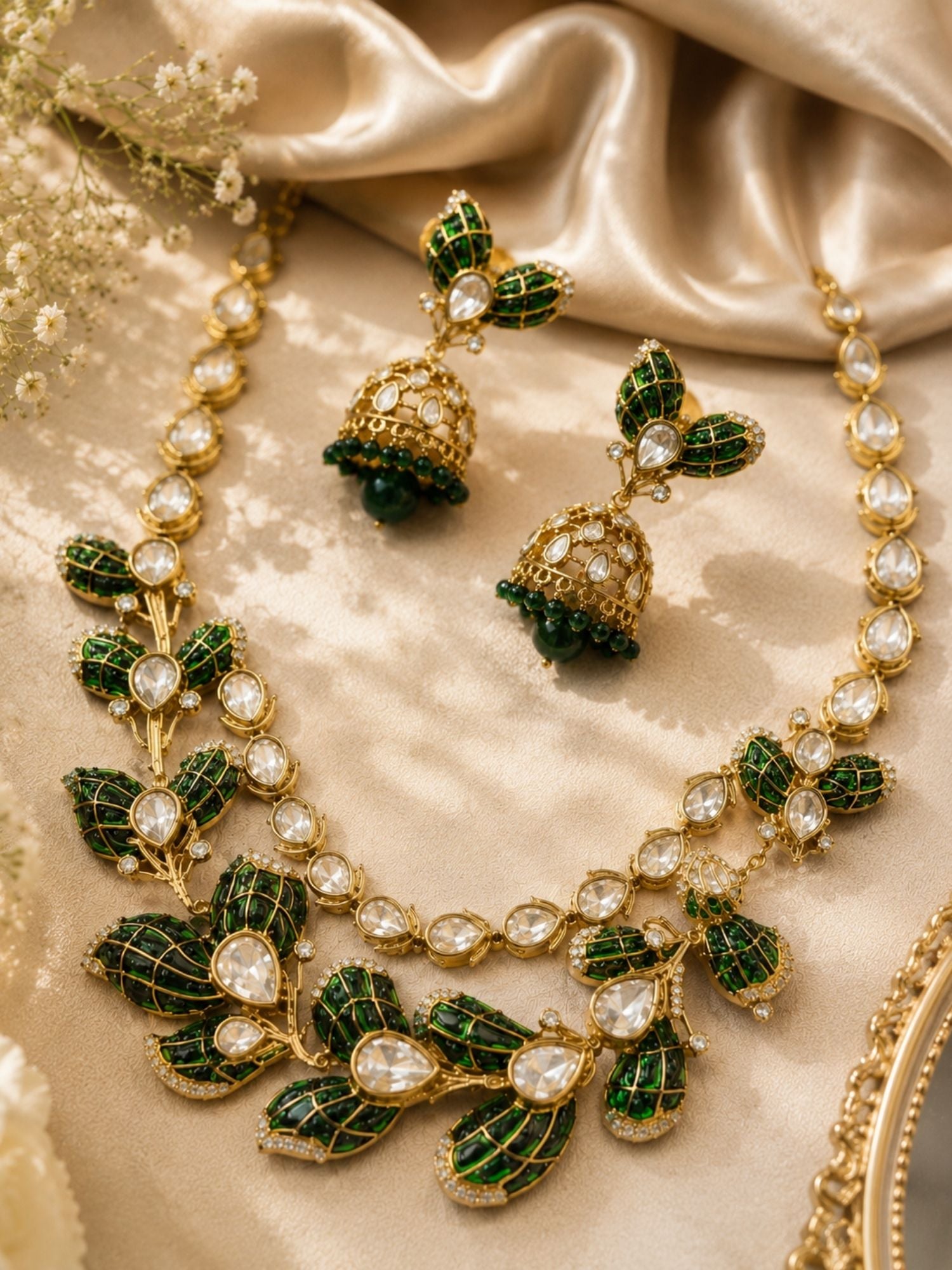 Green Leaf Necklace Set in Gold Plating – Bridal | Abdesigns