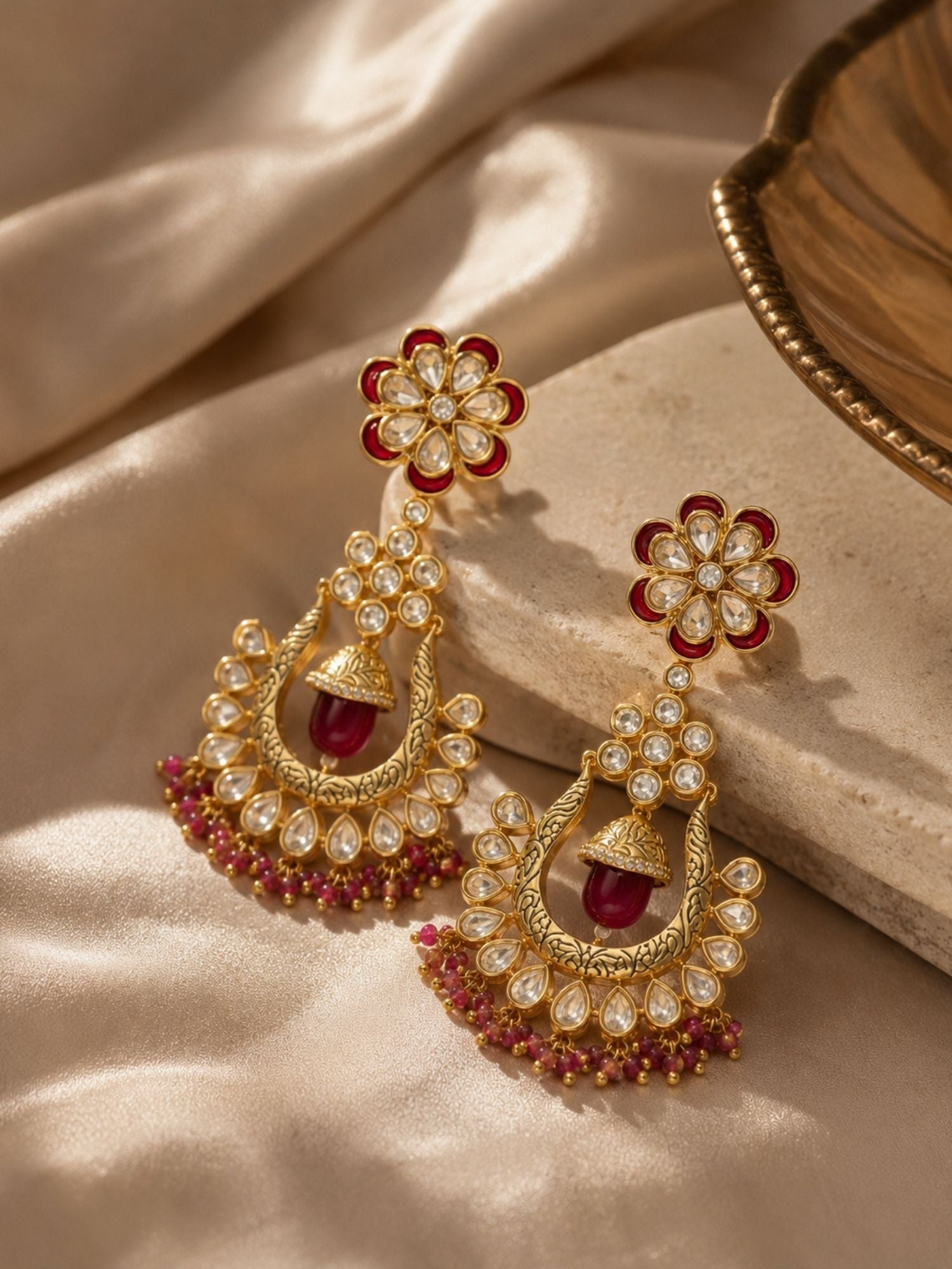 Traditional Red Stone Bridal Jhumka Earrings – Festive Wear | Abdesigns Jewellery