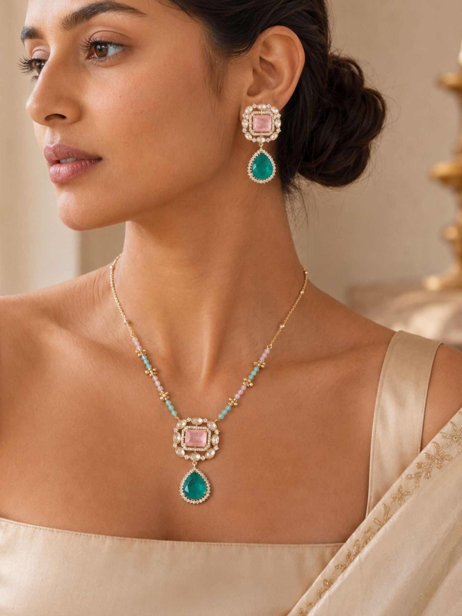 Abdesigns Gold Plating Festive Pink Stone Pendant Set