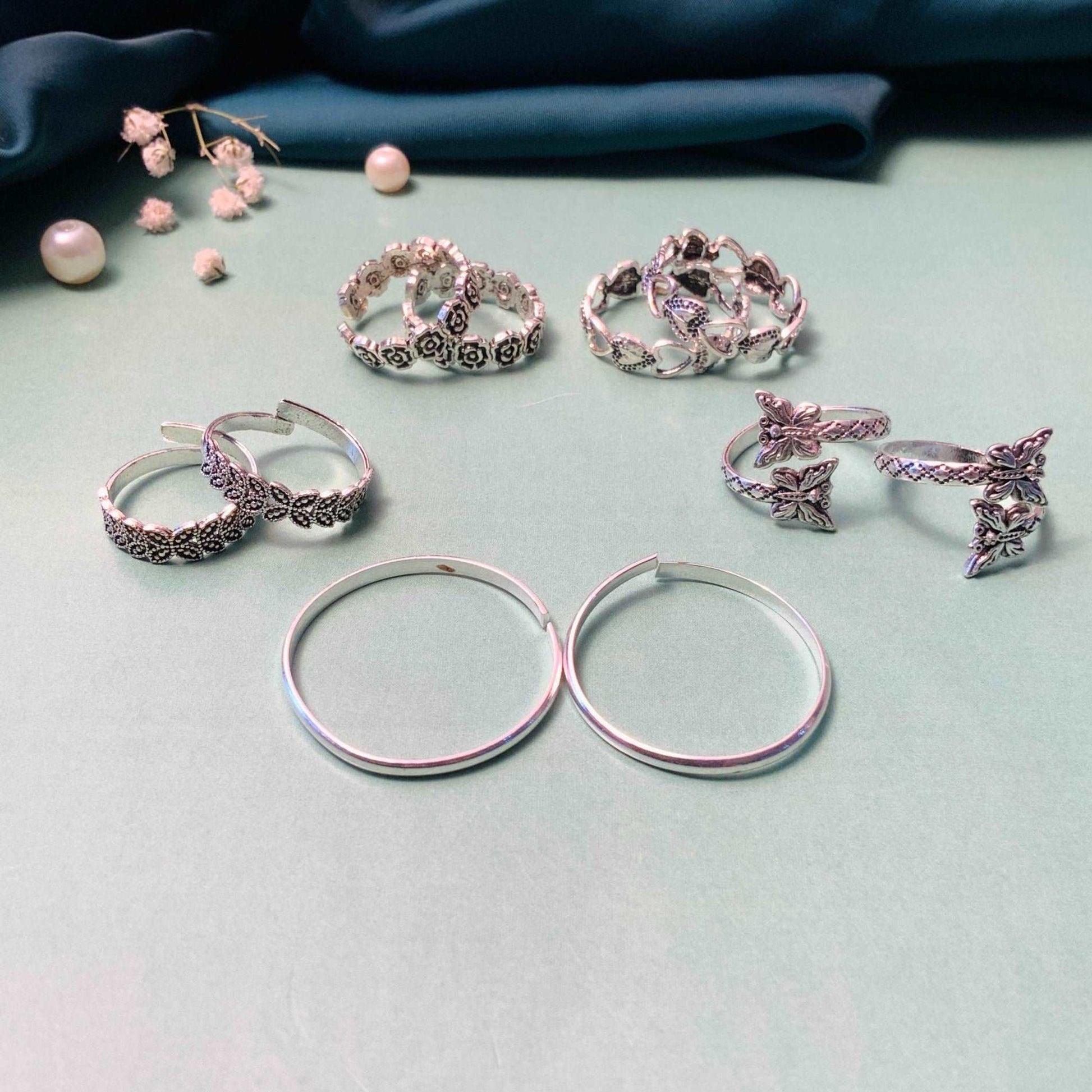 Adorable Silver Oxidised Pack of 5 Pairs Toe Rings Combo - Abdesignsjewellery