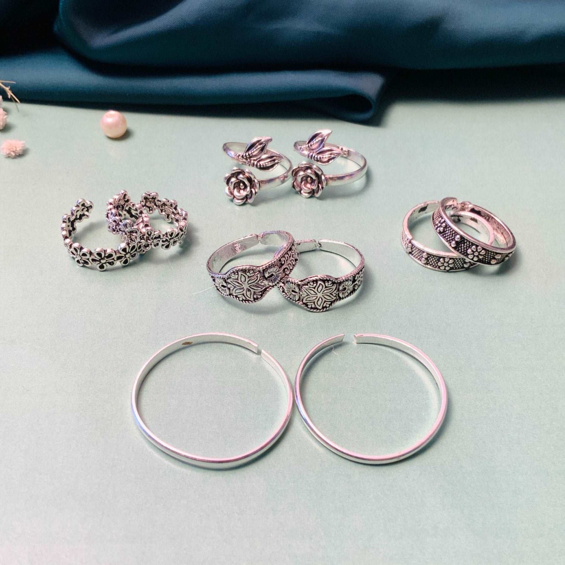 Adorable Silver Oxidised Pack of 5 Pairs Toe Rings Combo - Abdesignsjewellery