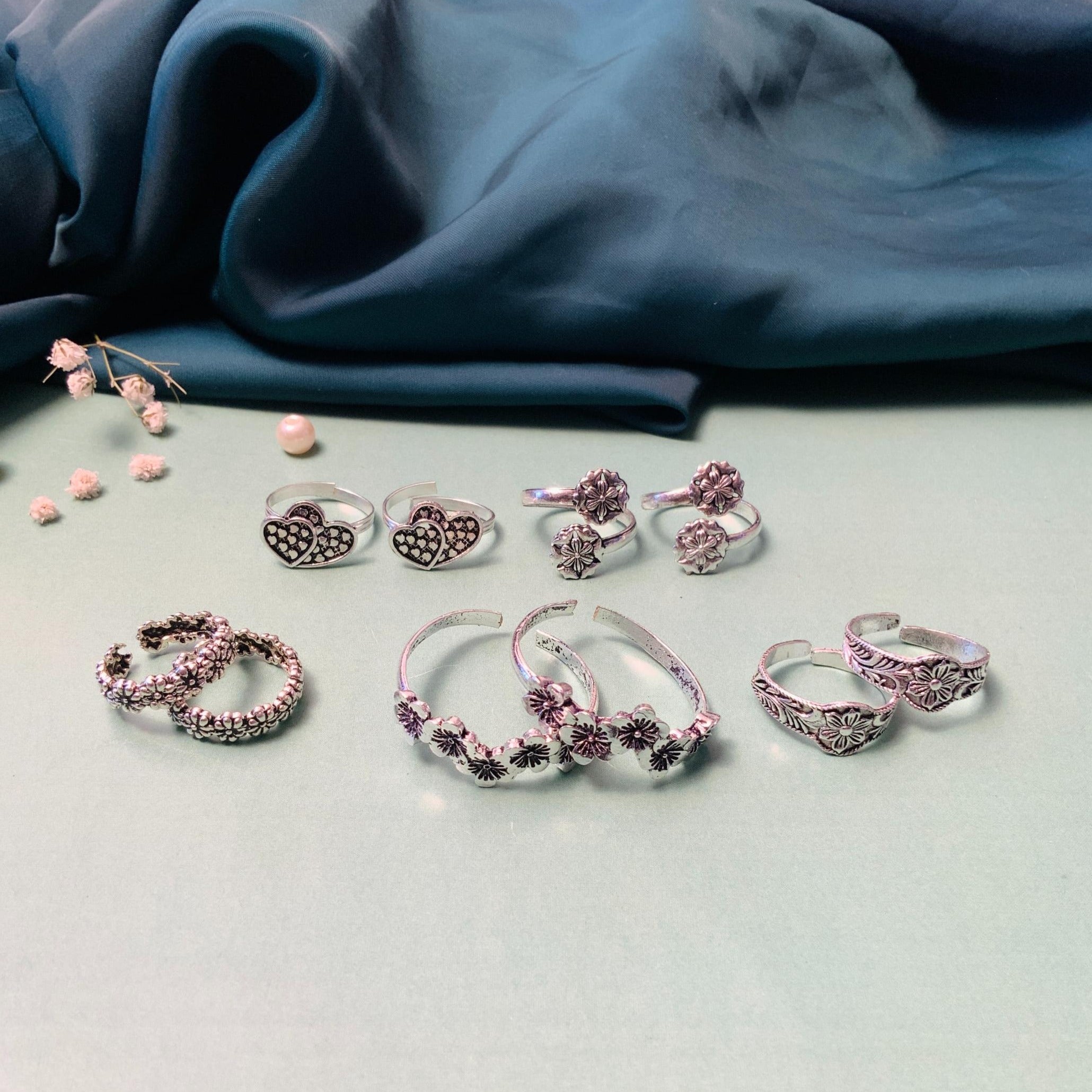 Attractive Silver Oxidised Pack of 5 Pairs Toe Rings Combo - Abdesignsjewellery