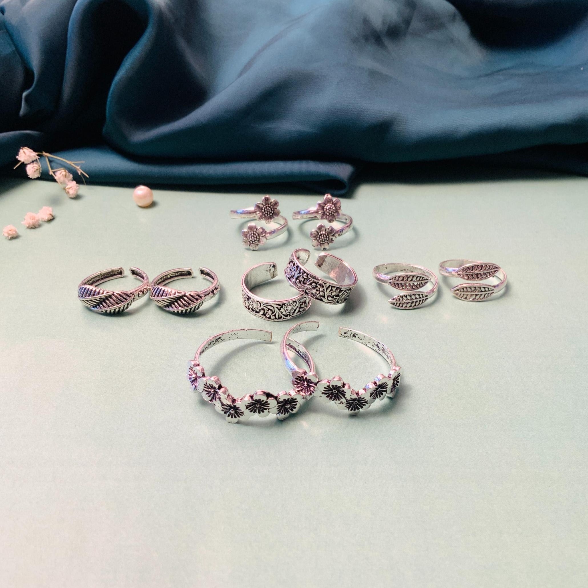 Attractive Silver Oxidised Pack of 5 Pairs Toe Rings Combo - Abdesignsjewellery