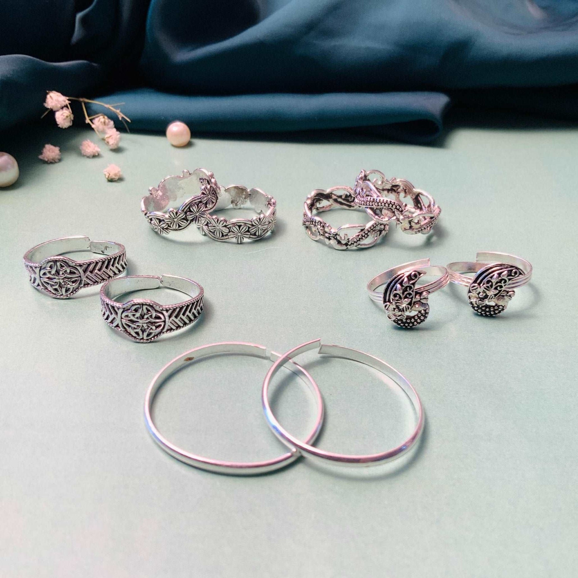 Adorable Silver Oxidised Pack of 5 Pairs Toe Rings Combo - Abdesignsjewellery