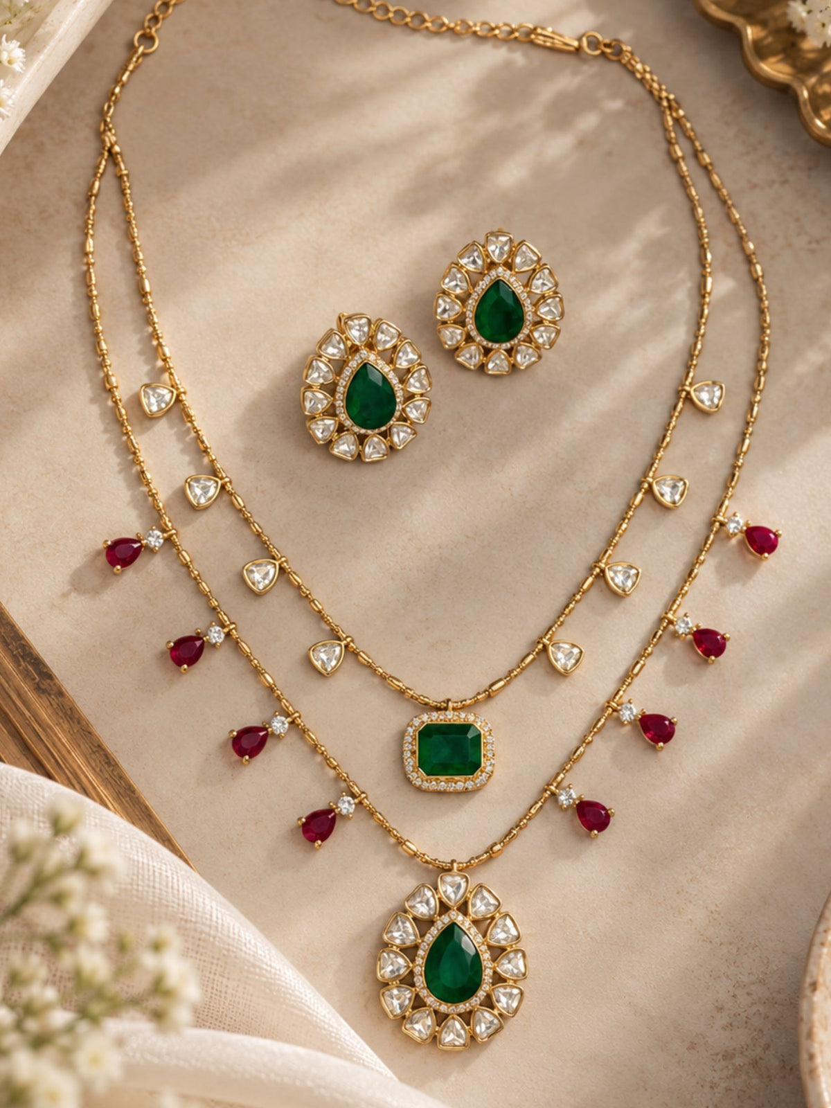 Gold Plated Multicolor Kundan Layered Necklace Set with Earrings