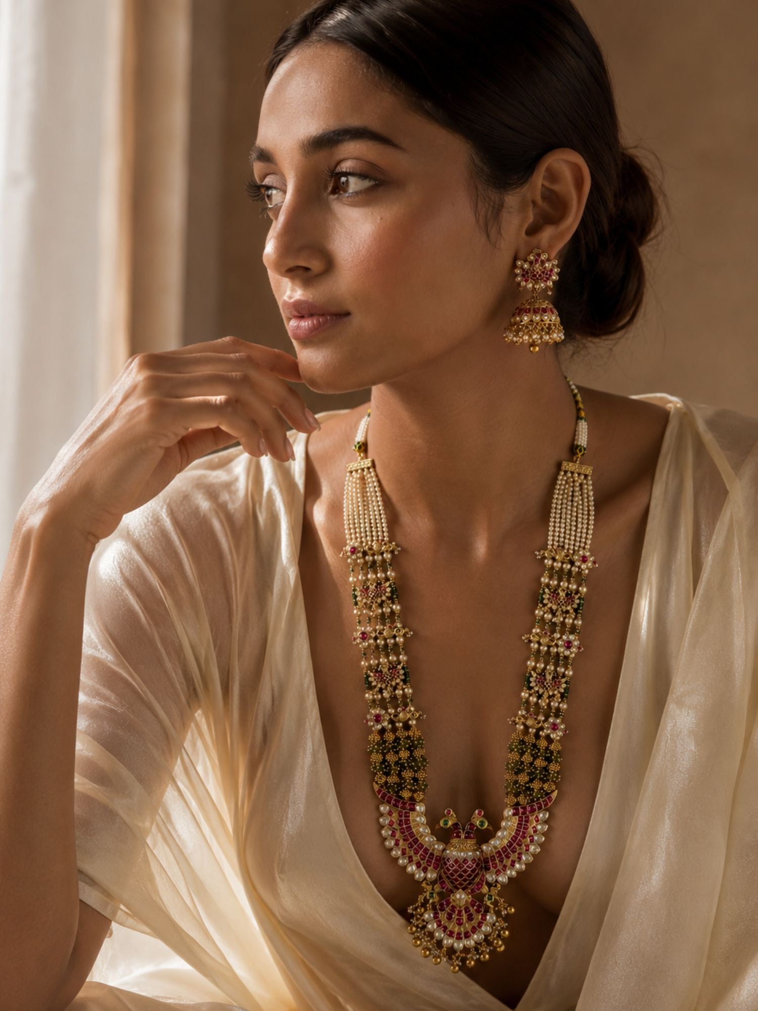Abdesigns Royal Peacock Kundan Necklace Set with Pearl Layers & Emerald Accents