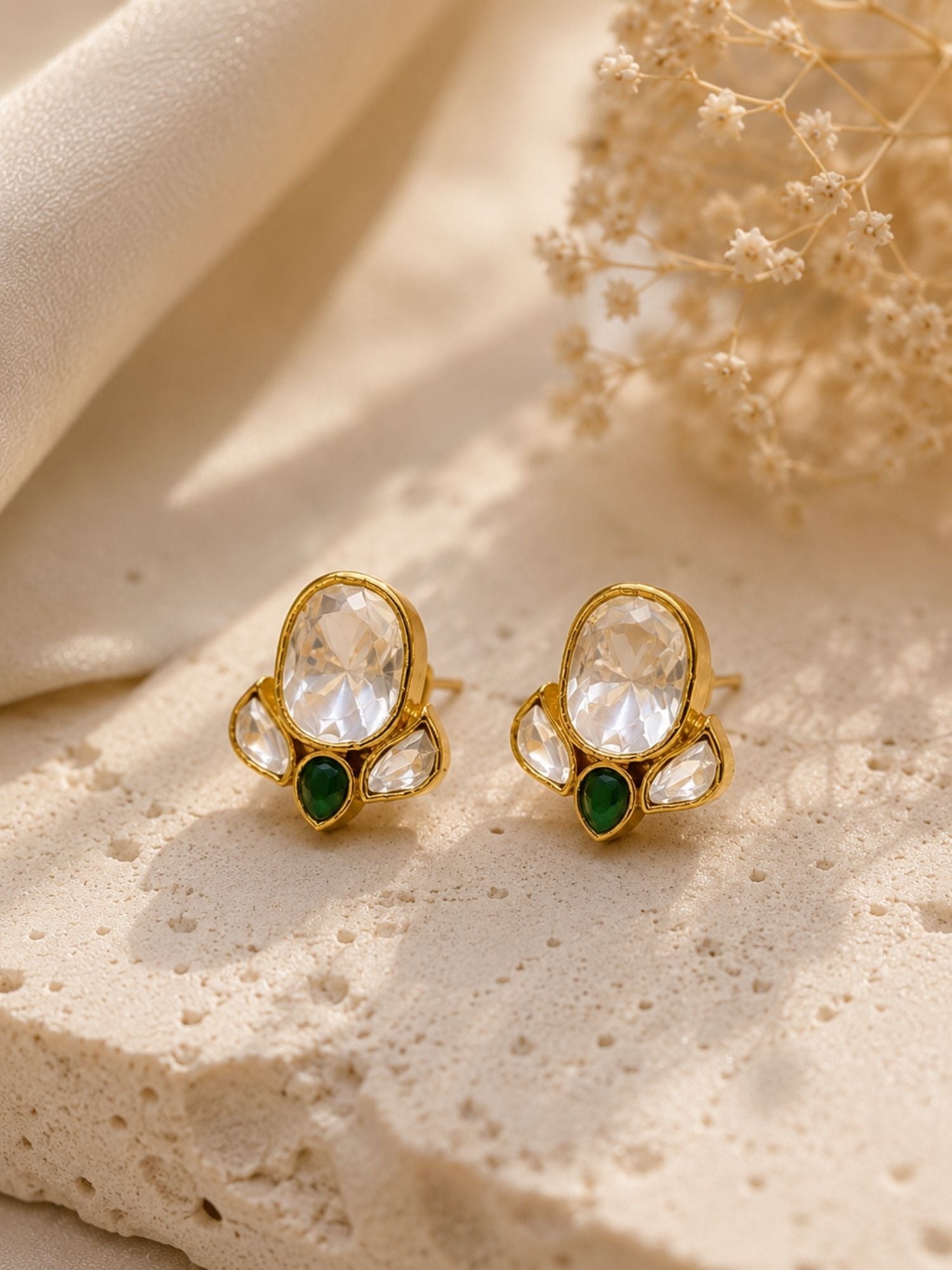 Combo Of Gold Plated Kundan Pearl & Green Stone Earrings