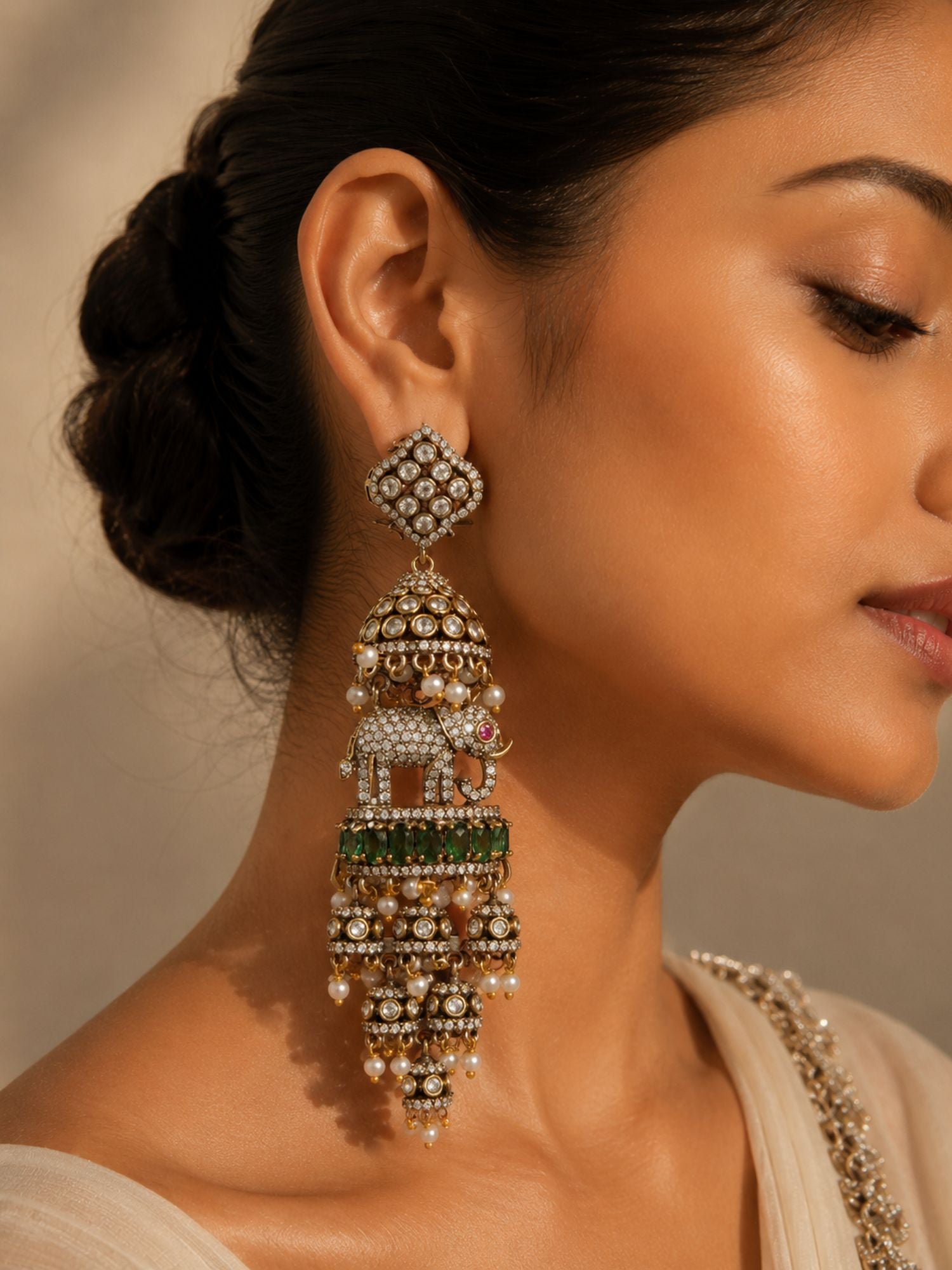 Elephant Pearl Green Jhumka Earrings | Abdesigns