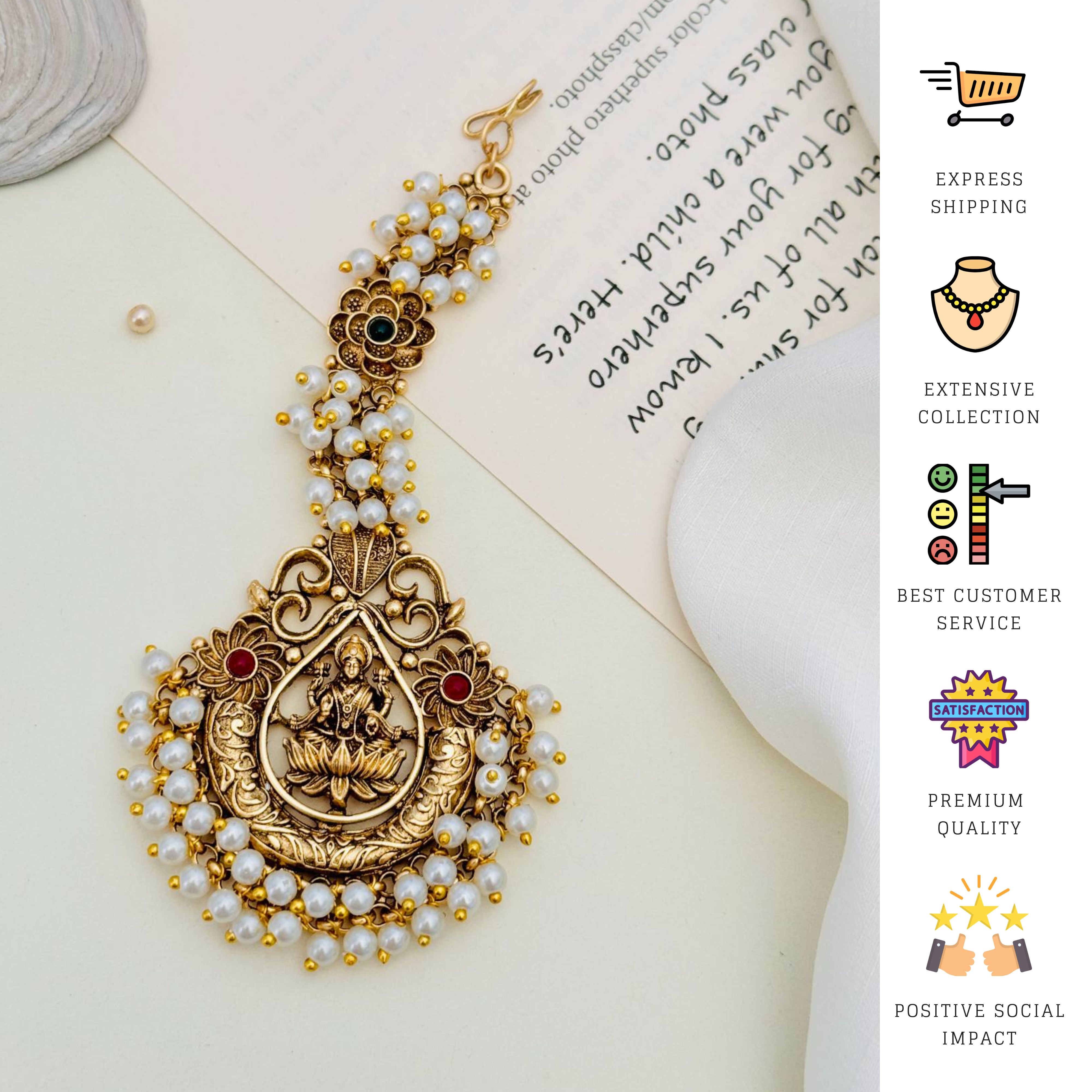 South Indian Temple Jewellery Maang Tikka with Pearl Detailing