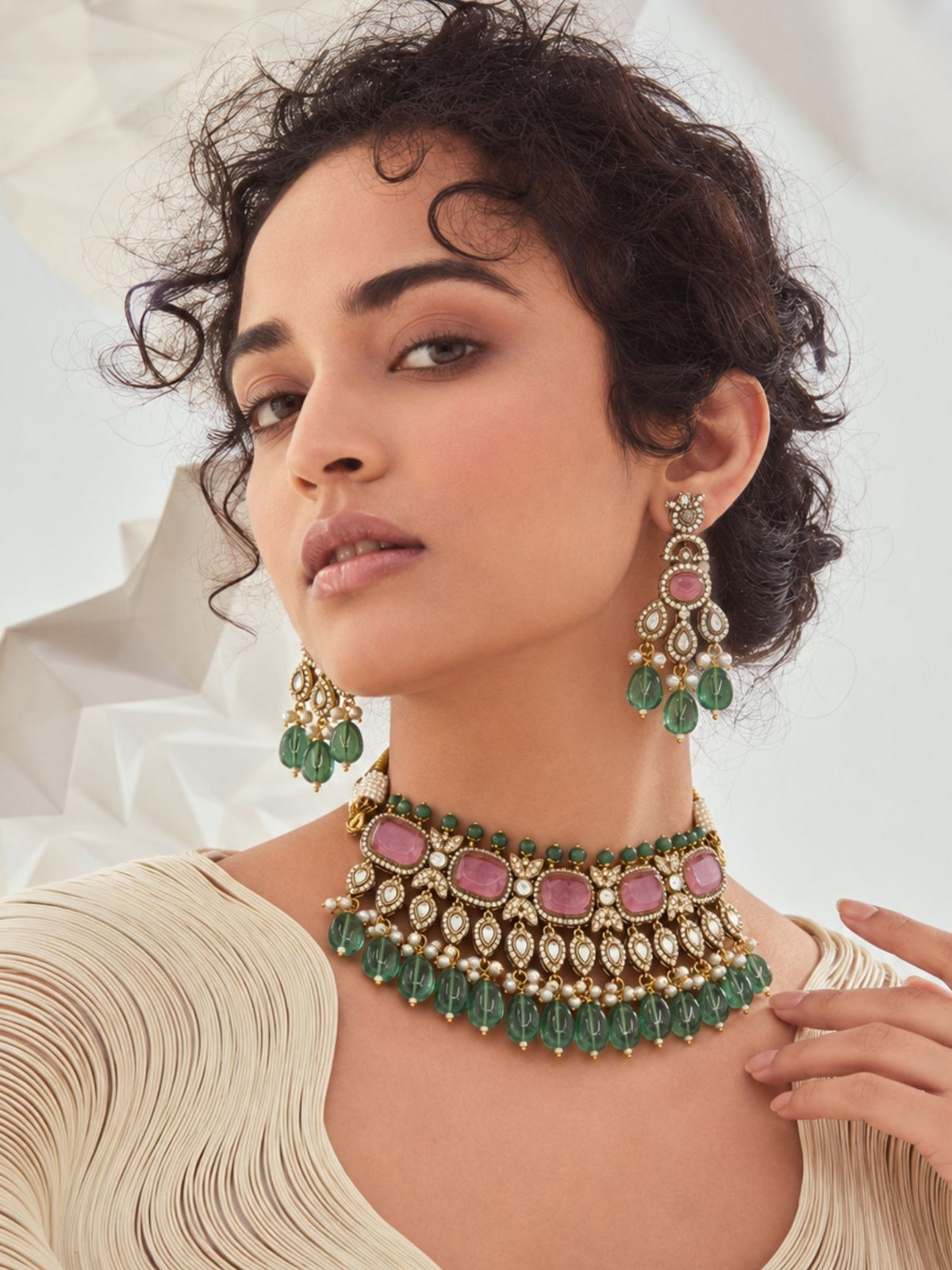 Pink Stone Green Bead Kundan Choker Necklace Set with Earrings