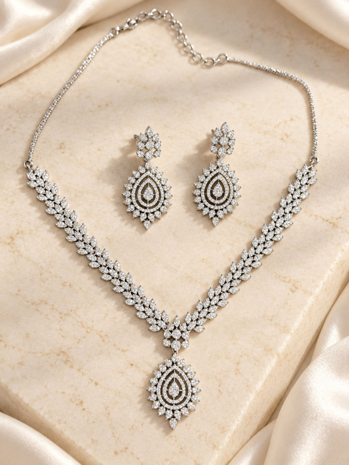 Silver Plated AD Stone Leaf Teardrop Necklace Set with Earrings for Women