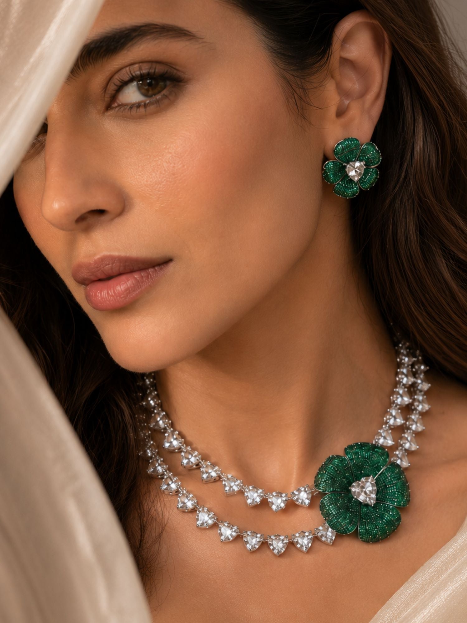 Emerald Bloom Floral Necklace Set with Crystal Petal Drops - necklace by Abdesigns Jewellery