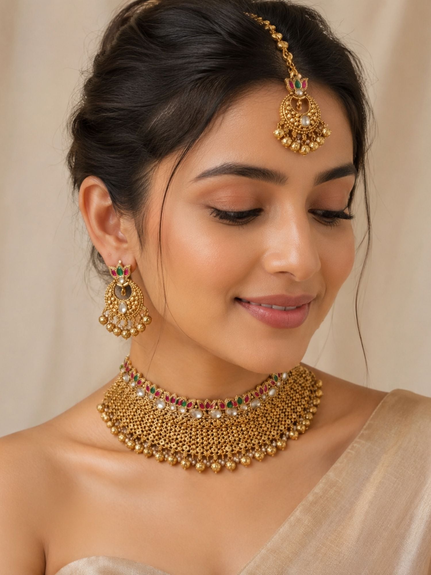 Abdesigns Traditional Gold Temple Jewelry Set with Maang Tikka