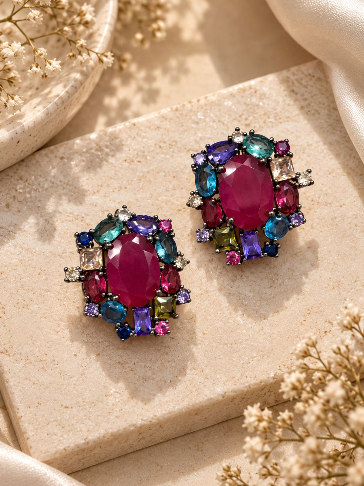 Silver Black Rhodium Plated Multicolor Crystal Oval Statement Earrings