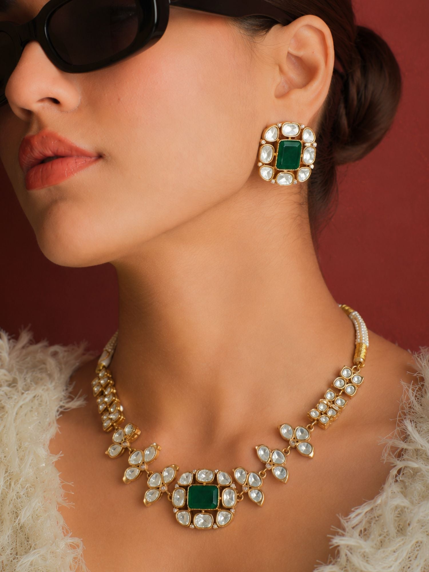 Gold Plated Green Kundan Floral Necklace Set for Women