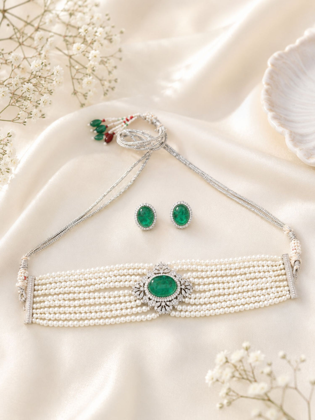Emerald Pearl Choker Necklace Set in Silver Plating | Abdesigns