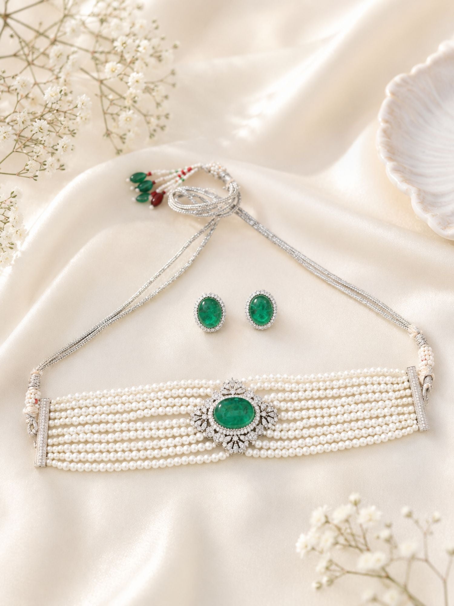 Emerald Pearl Choker Necklace Set in Silver Plating | Abdesigns