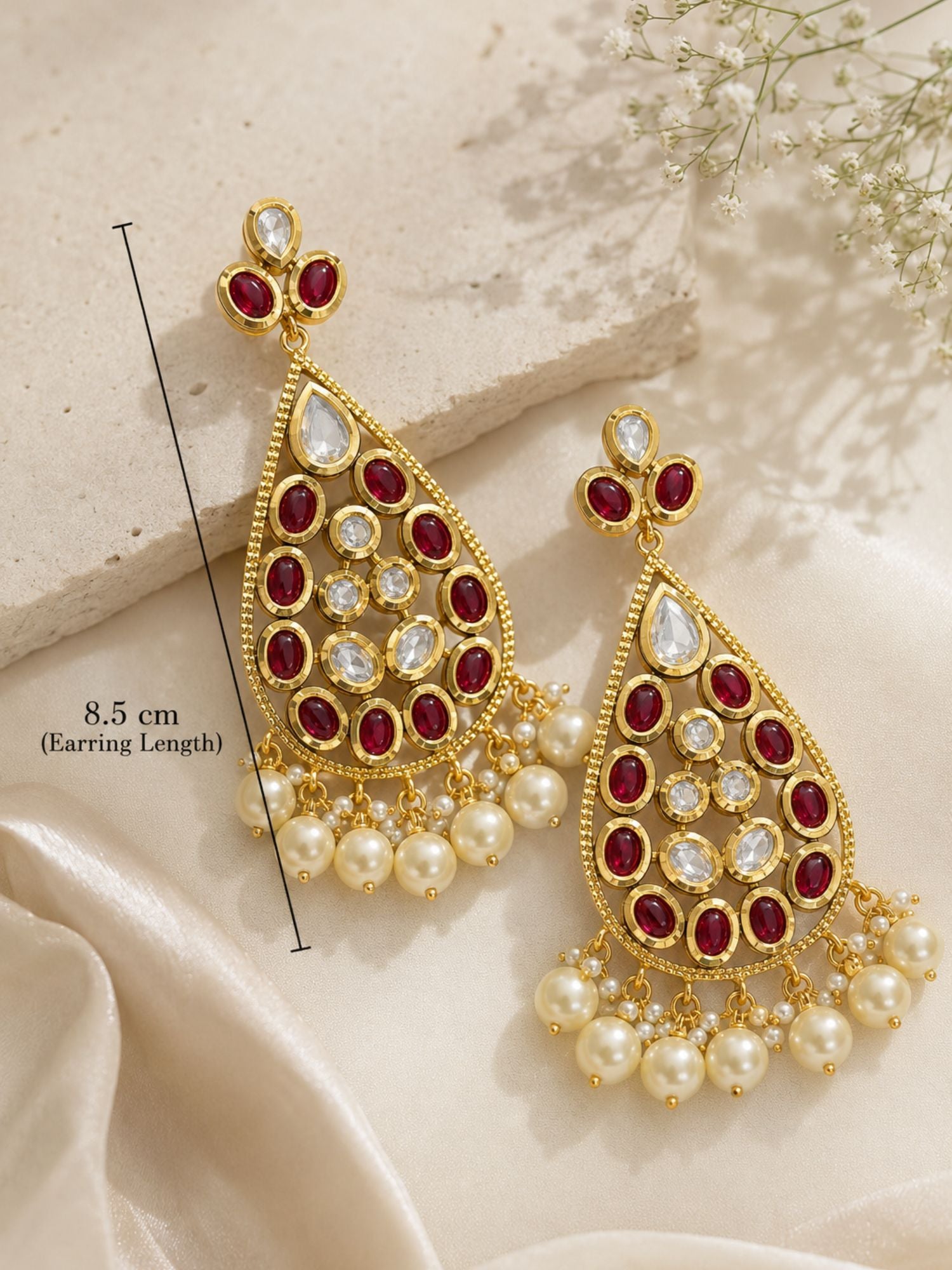 Gold Plated Ruby Kundan Pearl Statement Earrings for Women