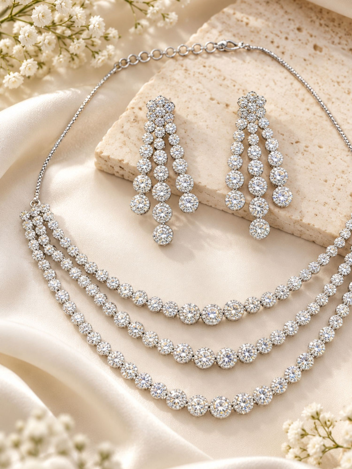 3 Layer Silver Plated American Diamond Necklace Set | Abdesigns Jewellery