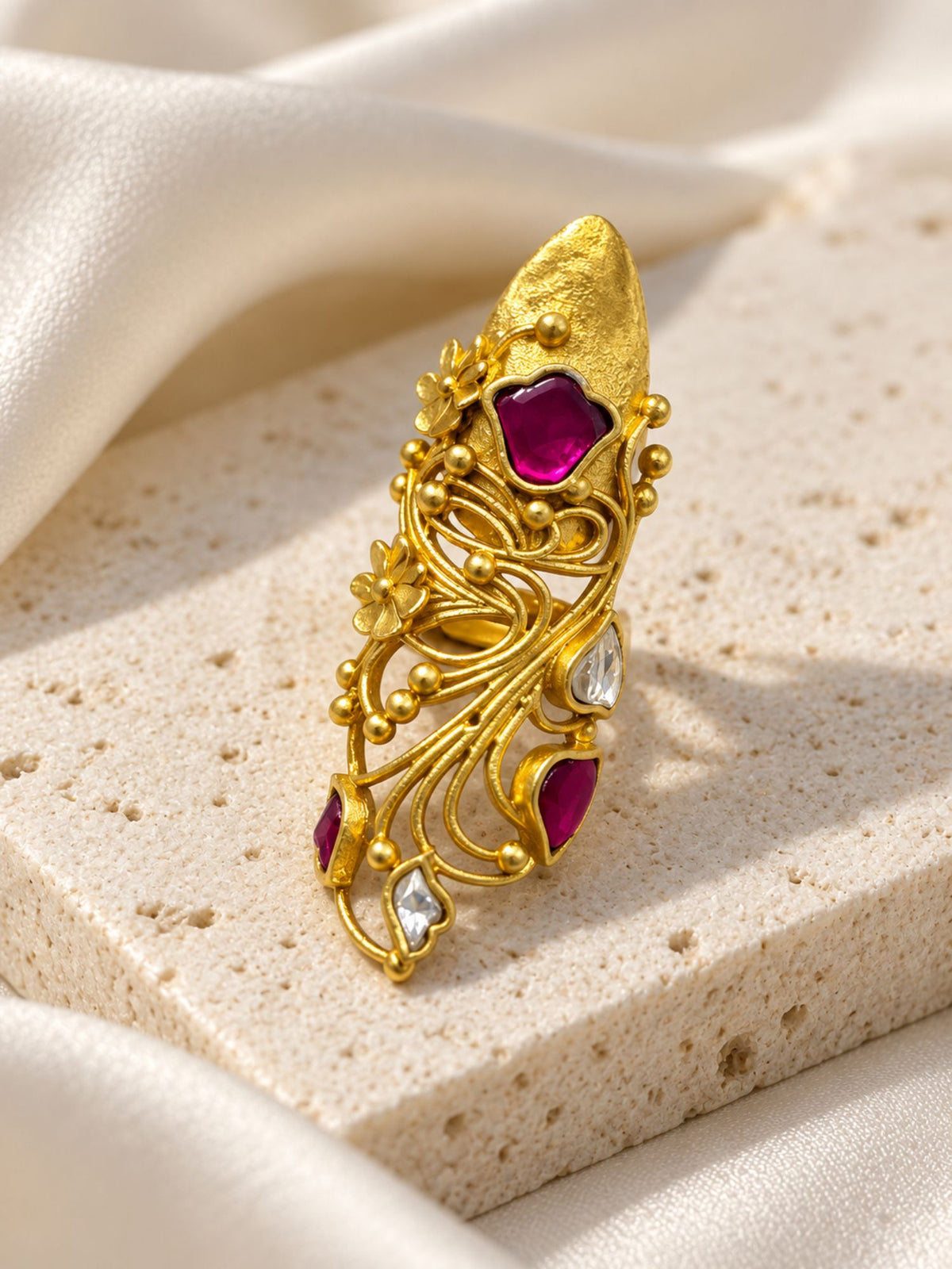 Gold Plated Ruby Kundan Filigree Nail Ring for Women