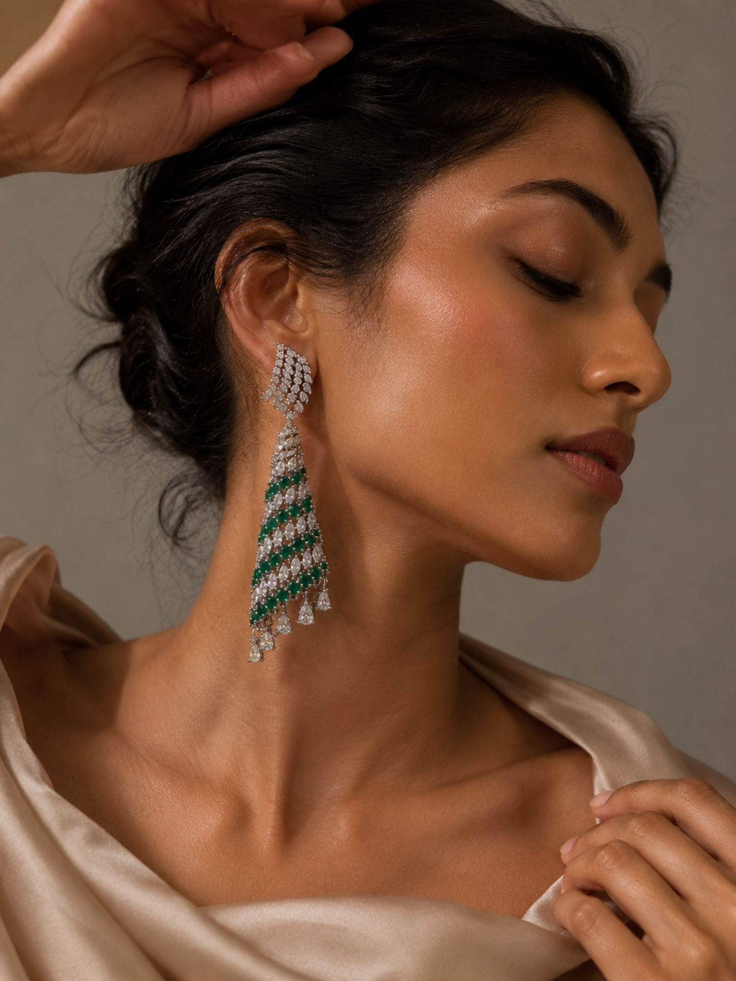 Emerald Green CZ Long Earrings in Silver Finish – Party Wear - earrings by Abdesigns Jewellery