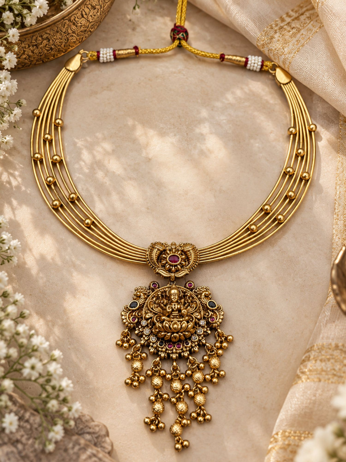 Gold Plated Temple Lakshmi Hasli Necklace Set with Jhumka Earrings