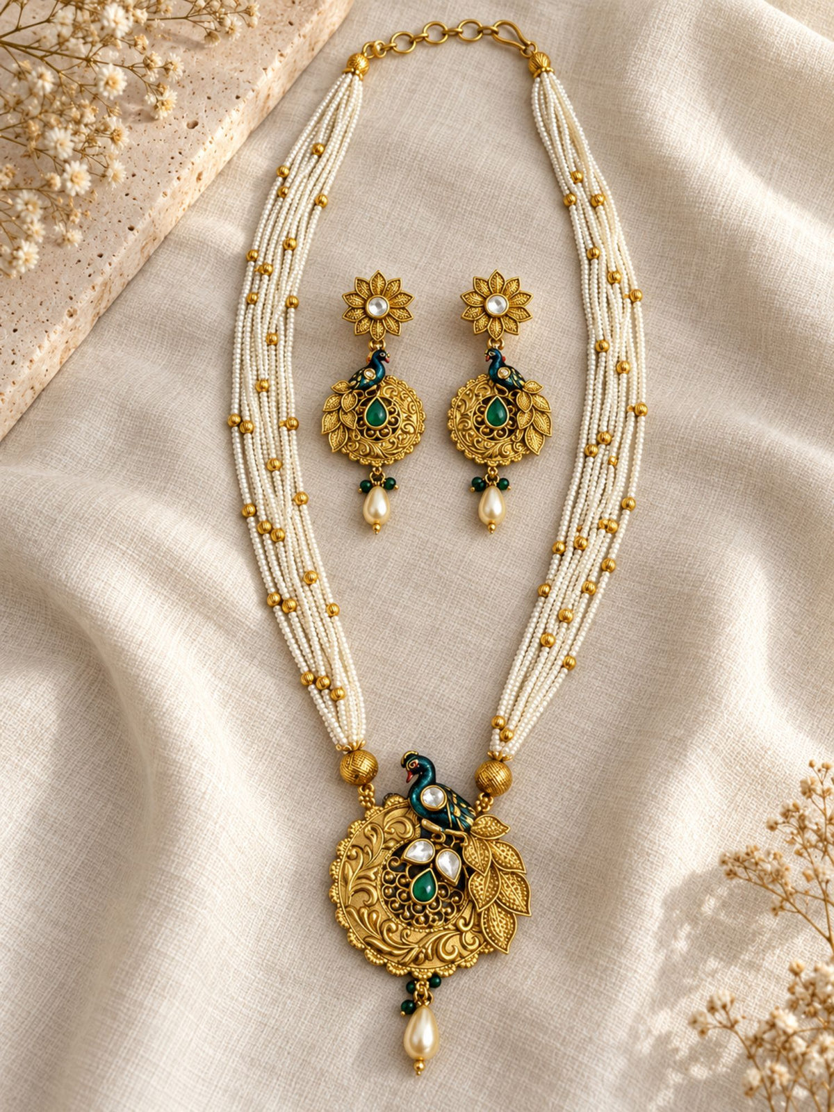 Antique Gold Plated Peacock Kundan Pearl Necklace Set
