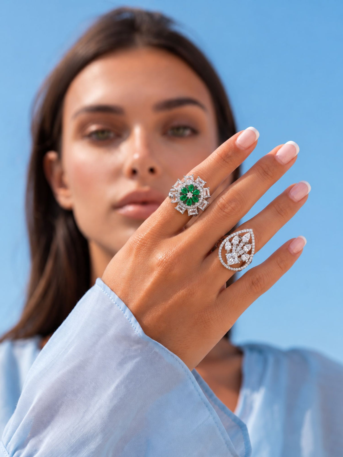 Set of 2 Silver Plated AD Stone Floral & Teardrop Statement Rings for Women