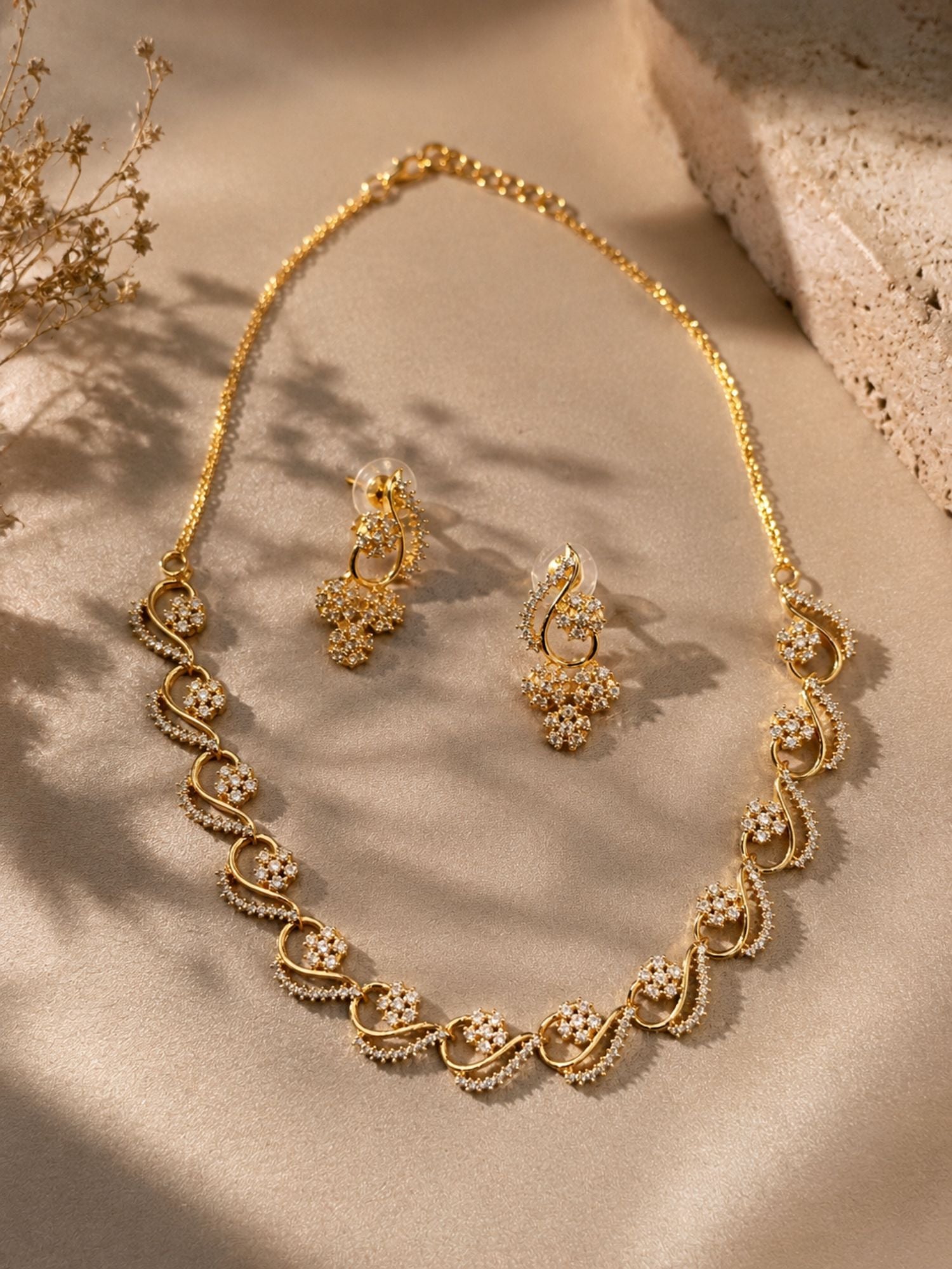 Floral American Diamond Necklace Set with Earrings – Gold, Rose Gold & Silver Plated | Abdesigns