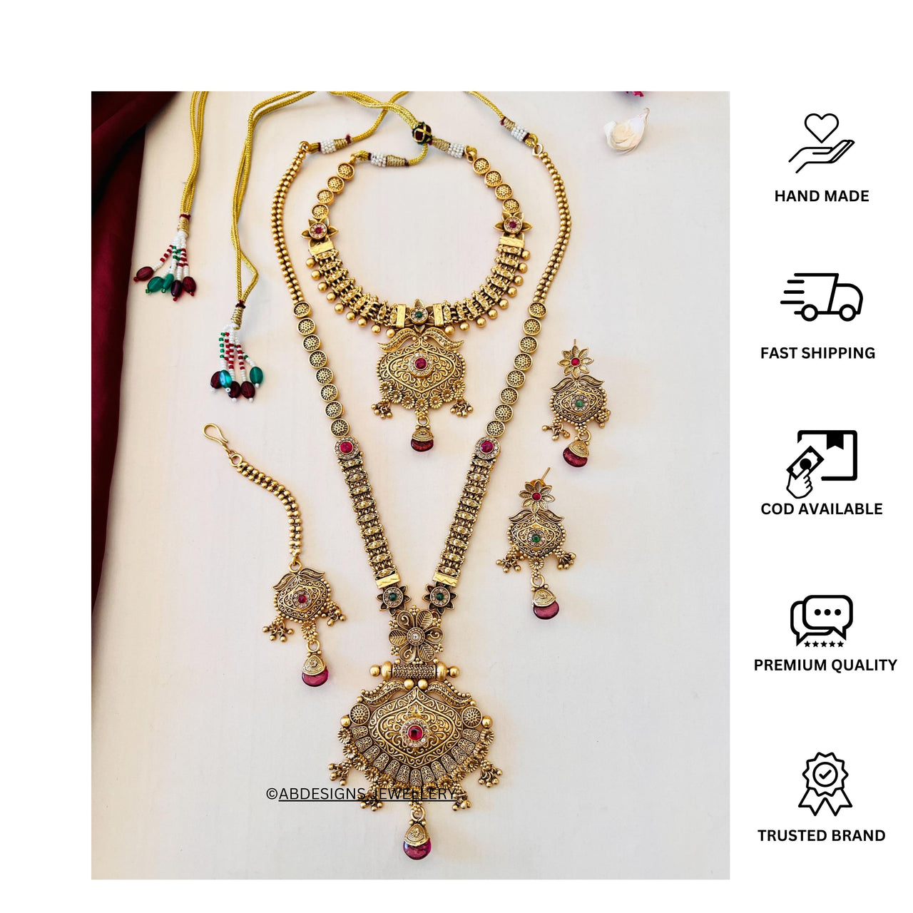 Antique Gold Tone Ruby Stone Bridal Necklace Combo - Abdesignsjewellery