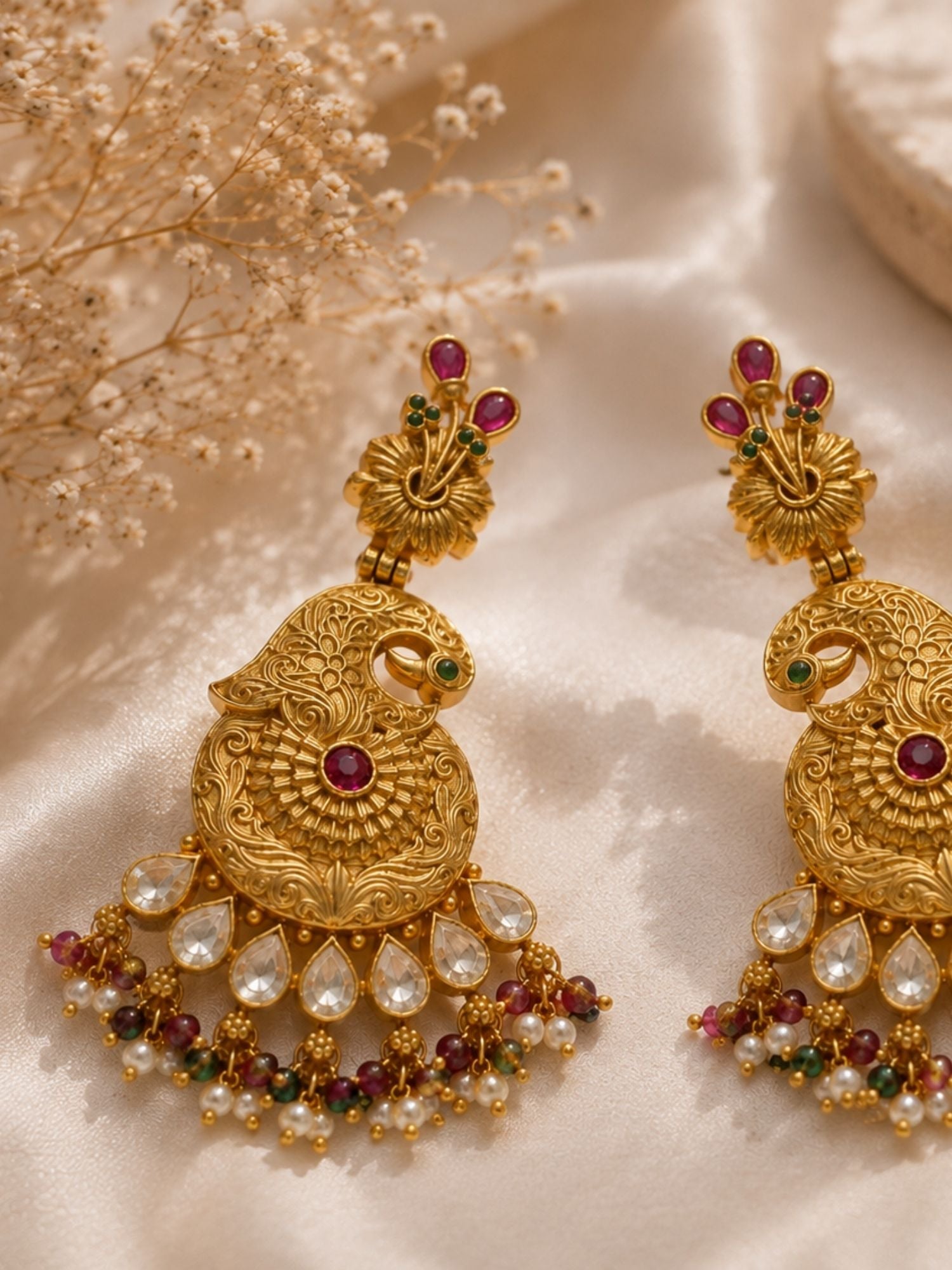 Antique Gold Plated Multicolor Kundan Peacock Statement Earrings for Women