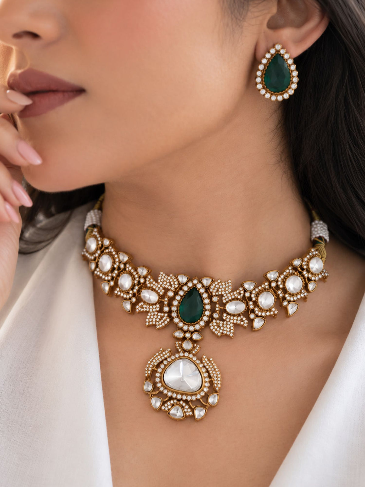 Gold Plated Green Kundan Polki Statement Necklace Set with Earrings