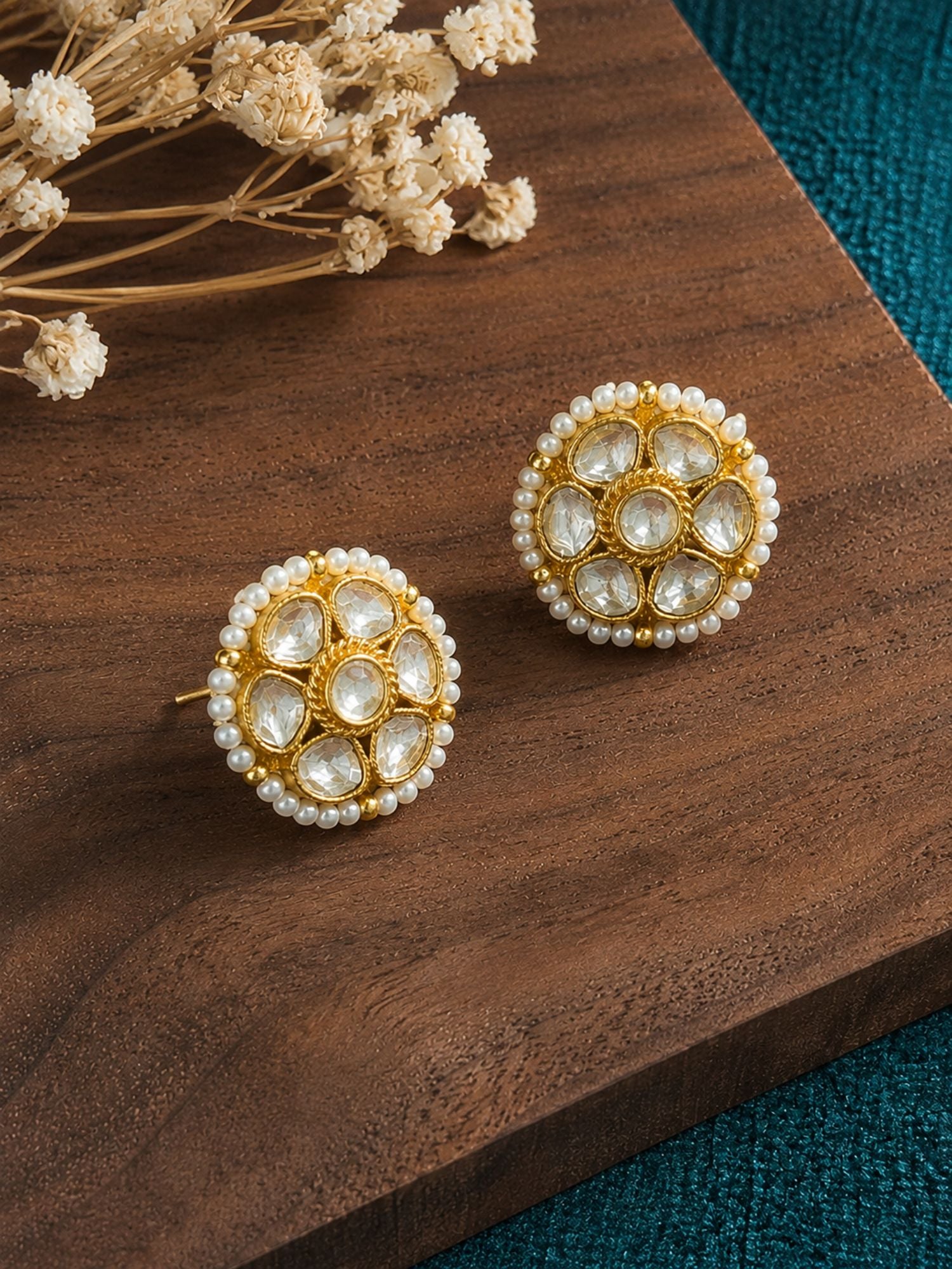 Gold Plated Floral Kundan Pearl Stud Earrings for Women