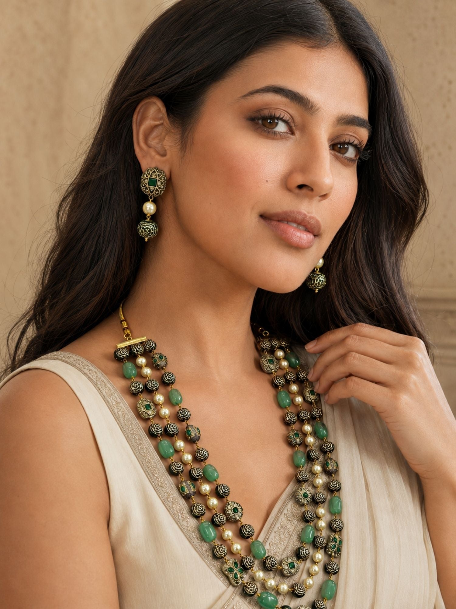 Antique Gold Plated Green Bead Pearl Mala Necklace Set with Earrings