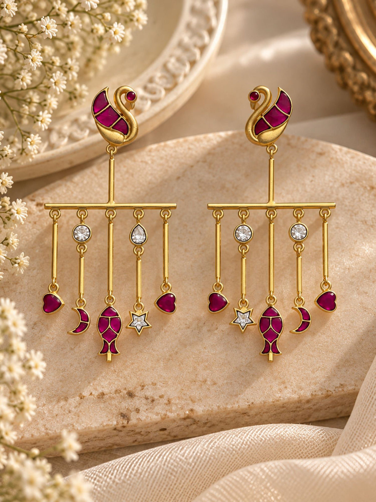 Gold Plated Pink Meenakari Charm Long Statement Earrings for Women