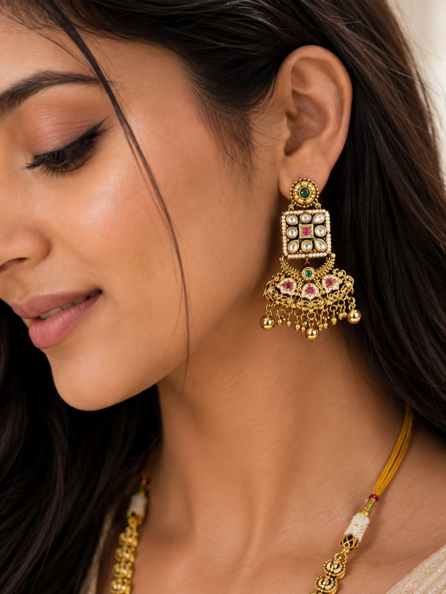 Gold Multicolour Ruby Green Stones Kundan Long Necklace Set  | Abdesigns