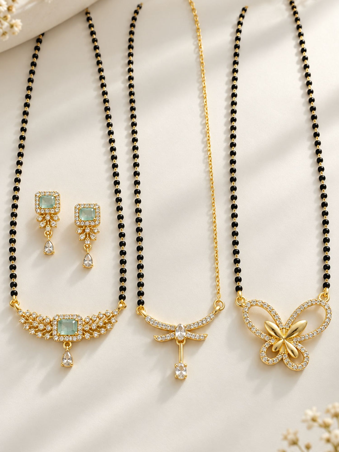 Set of 3 Gold Plated AD Stone Black Bead Mangalsutra Necklaces for Women