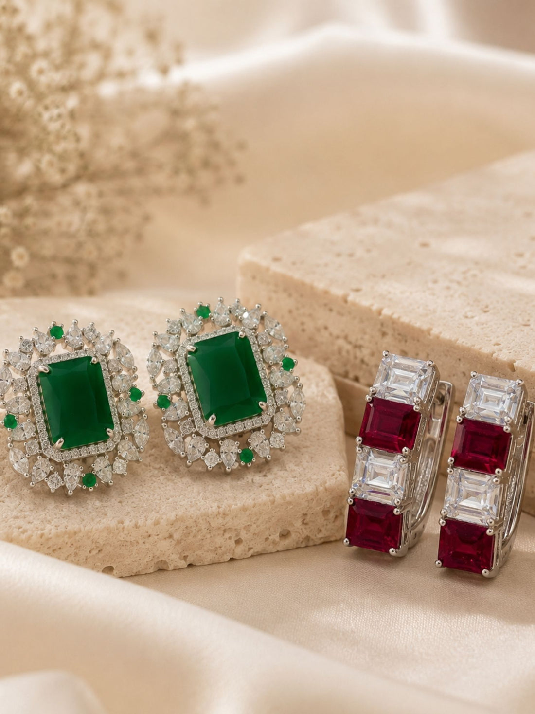 Silver Plated Emerald Green & Ruby Red Designer Earrings Combo