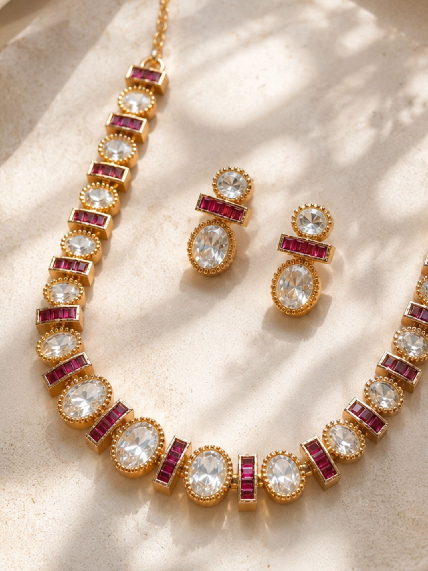Gold Plated Ruby Emerald Stone Polki Statement Necklace Set for Women | Abdesigns