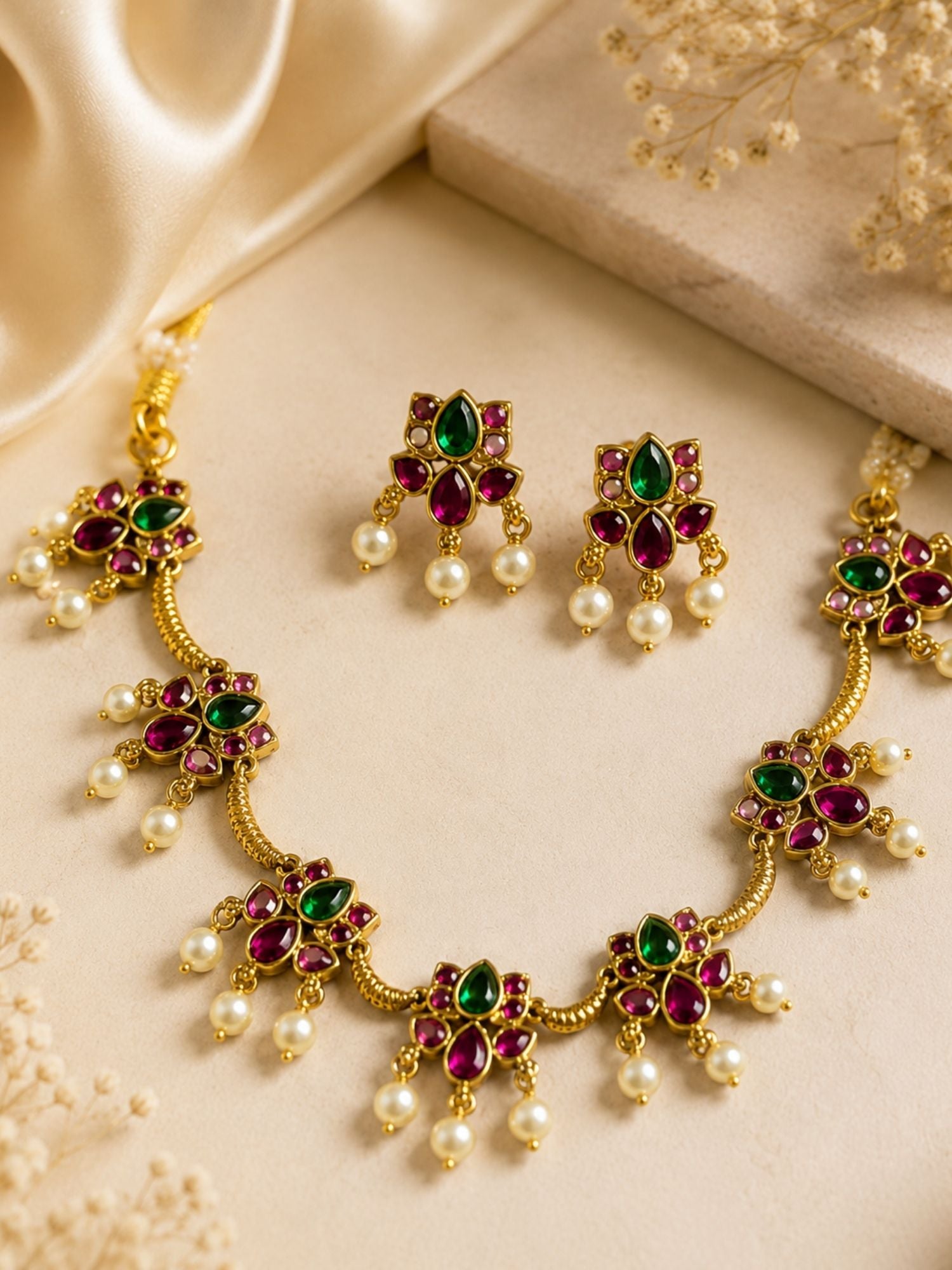 Lotus Temple Kemp Necklace Set in Gold Plating – Festive | Abdesigns