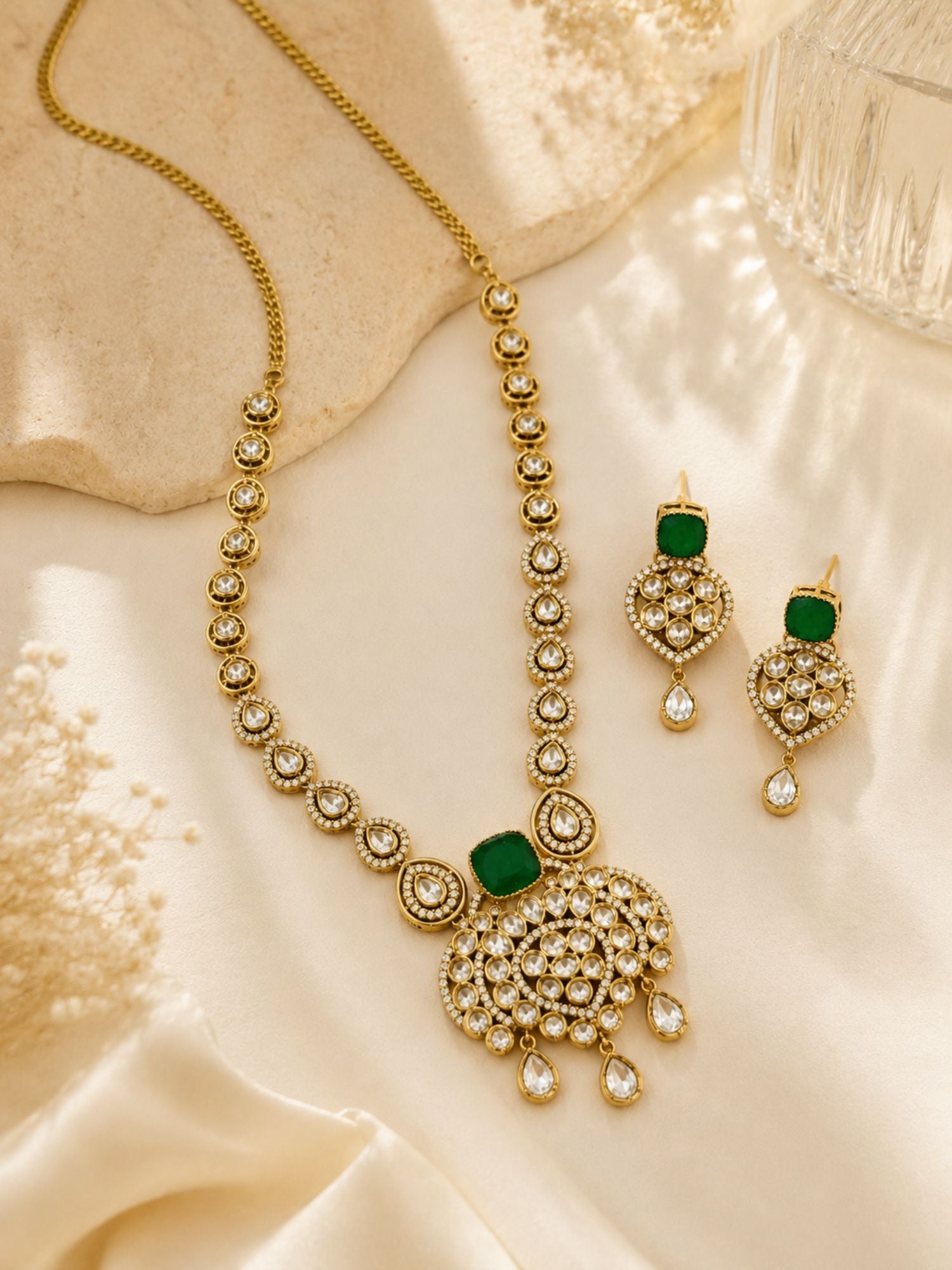Green Kundan Pendant Necklace Set in Gold Plating | Abdesigns