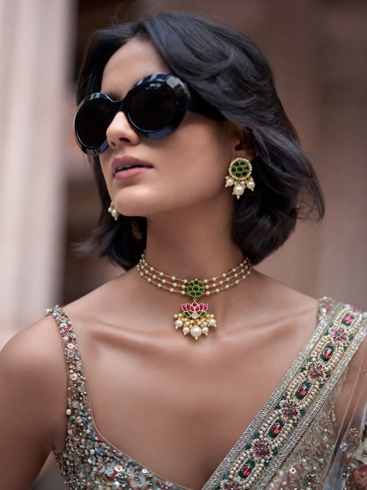 Gold Plated Kundan Green Stone Lotus Pearl Choker Necklace Set with Earrings for Women
