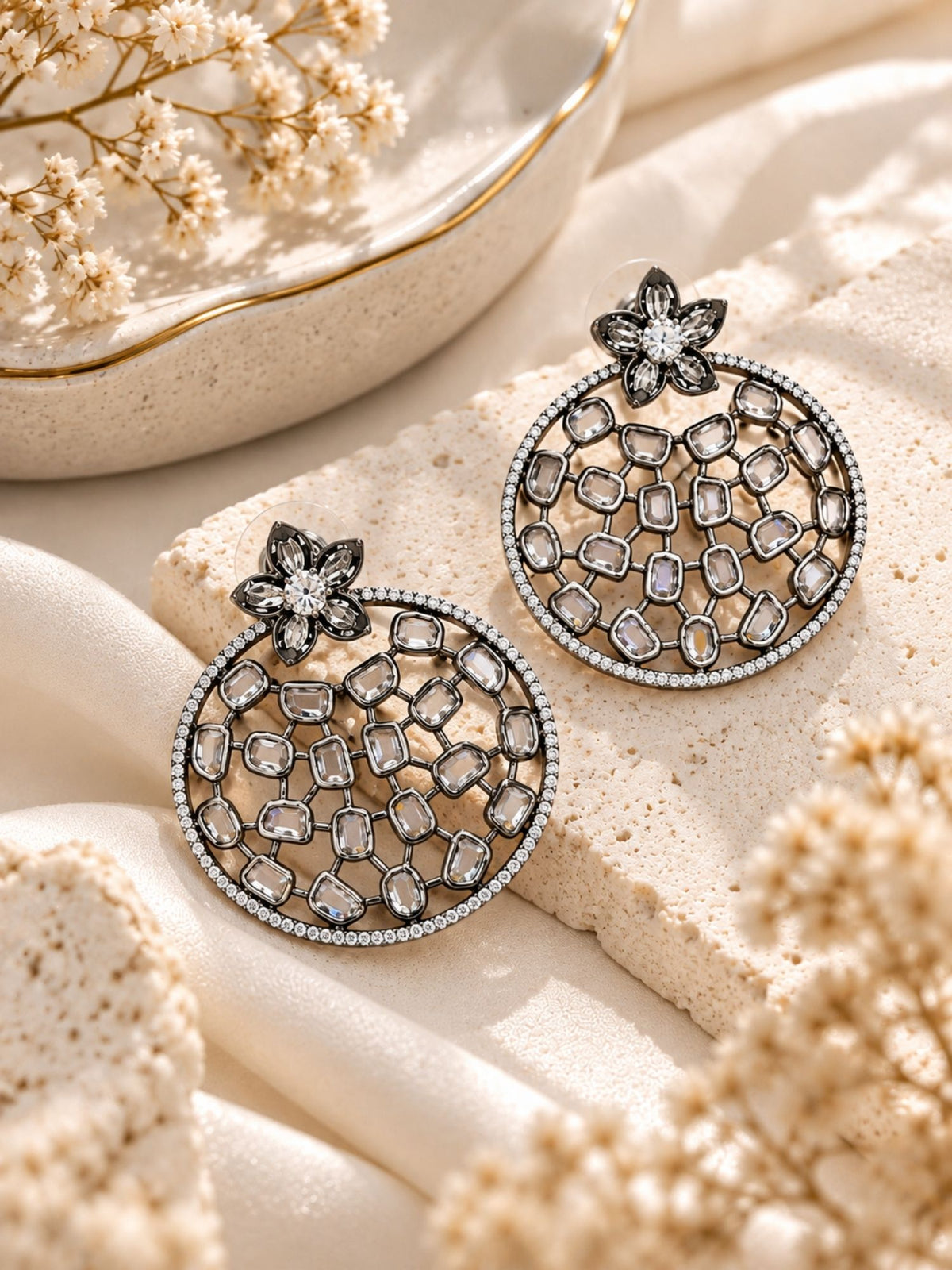 Black Rhodium Kundan Polki Floral Statement Earrings | Abdesigns