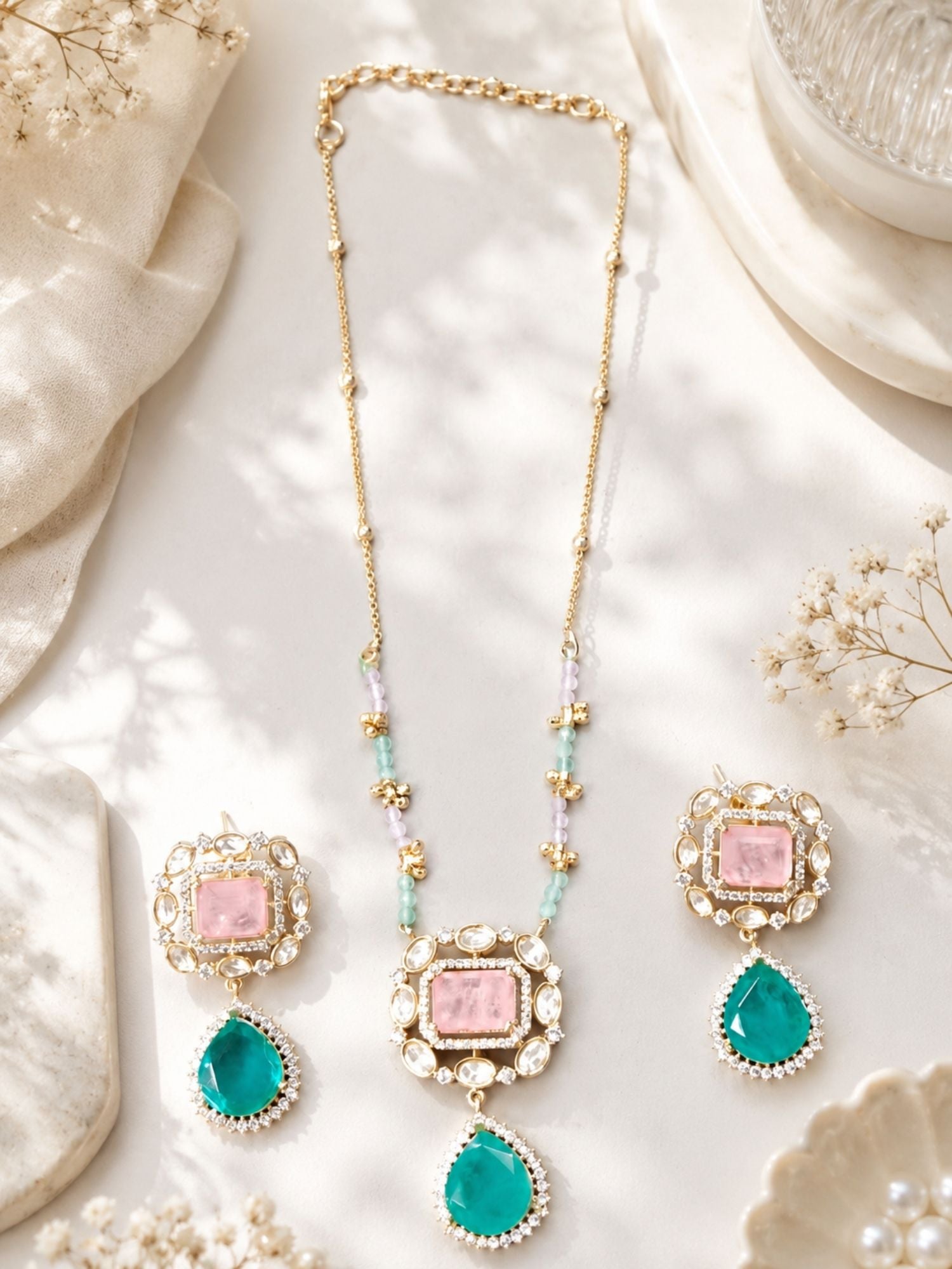 Abdesigns Gold Plating Festive Pink Stone Pendant Set