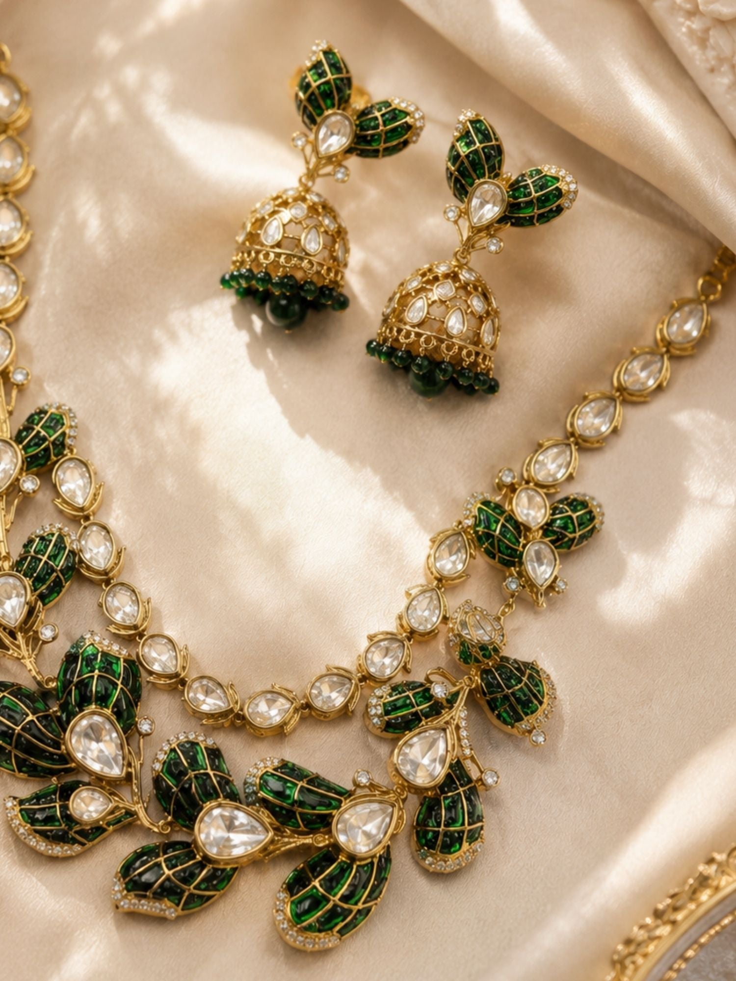 Green Leaf Necklace Set in Gold Plating – Bridal | Abdesigns