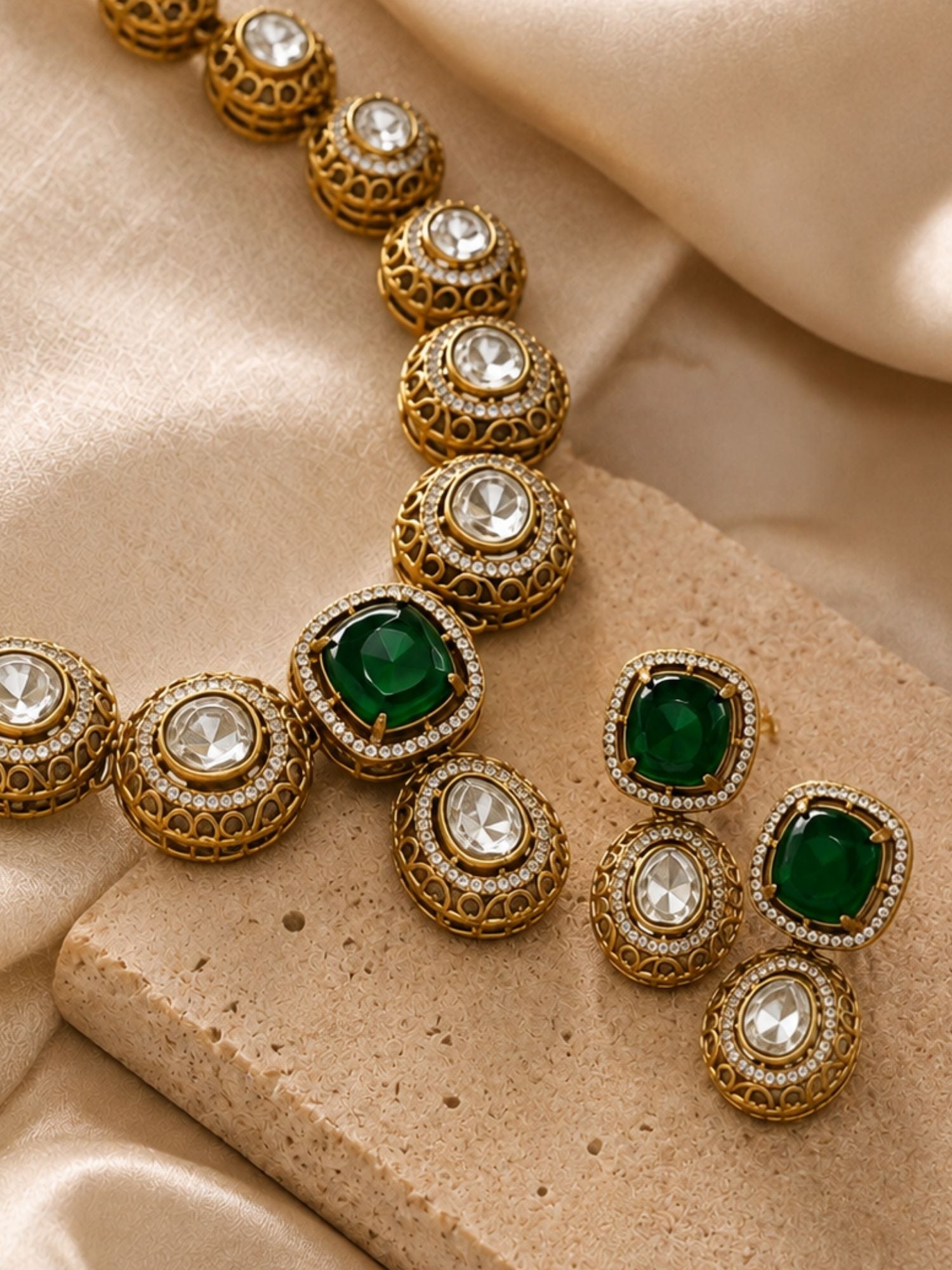 Antique Gold Plated Green Stone Kundan Polki Necklace Set & Earrings